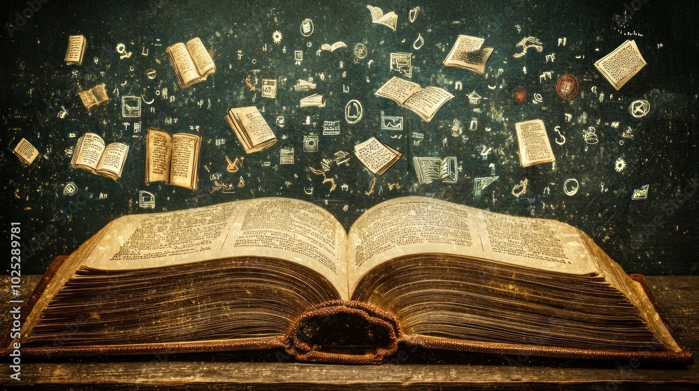 Poster open antique book with floating pages and symbols