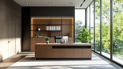 Fototapeta premium modern office with desk, cabinets and a large window generative ai