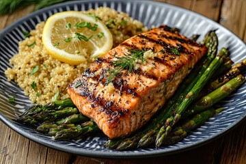 Grilled Salmon Fillet Served With Roasted Asparagus and Lemon Quinoa for a Healthy Meal