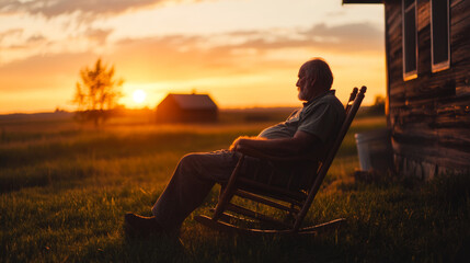 Silhouette of an elderly man sitting in a rocking chair outside a rustic house, enjoying a peaceful sunset in the countryside.
