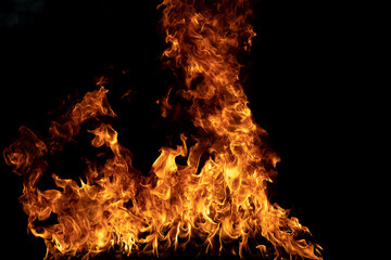 Fire flame isolate on black background. Burn flames, abstract texture. Art design for fire pattern,...