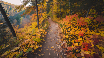 Obraz premium A serene autumn forest path winding through vibrant mountain foliage, showcasing the beauty of nature in fall.