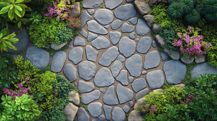 A stone path with a garden of flowers and bushes