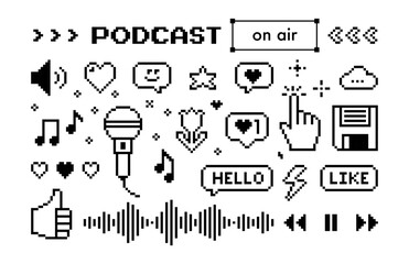 Set of radio podcast y2k pixel icons. Microphone, music note, speech bubble, equalizer, smile. Game abstract elements. Black color modern shape for collage and poster. Abstract geometric simple sign