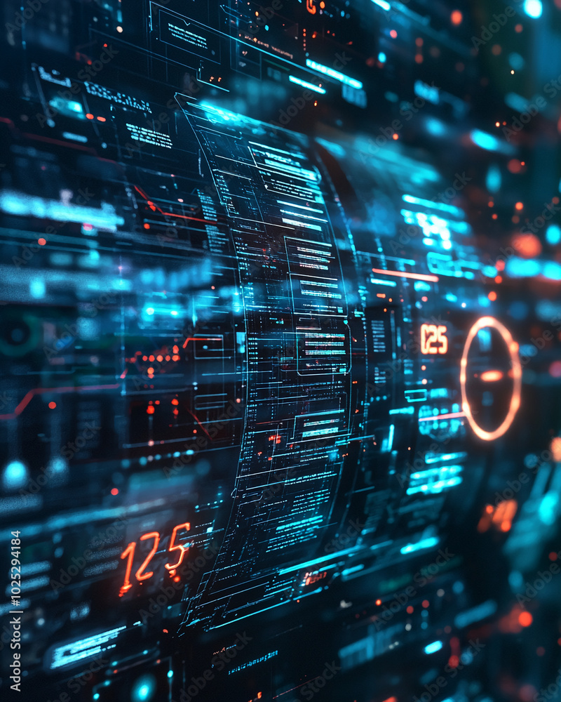 Aufkleber An abstract digital interface with lines and numbers in blue and red hues against a dark background. The display features a variety of data and graphics.
