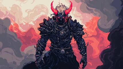 Fototapeta premium pixelated 2D game character portrait of a demon lord with glowing red horns, sharp claws, and armor made of blackened steel, set against a background of swirling smoke, retro 8-bit game aesthetic 