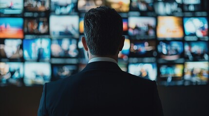 A man in a suit watches multiple screens displaying various images, reflecting themes of information overload and technology.