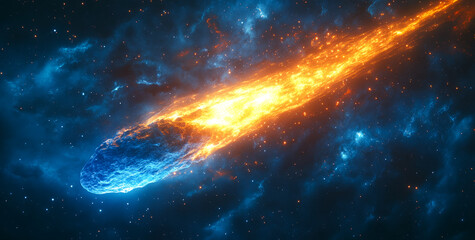 Obraz premium A comet is falling through space with a bright orange tail. The comet is surrounded by a blue sky and stars