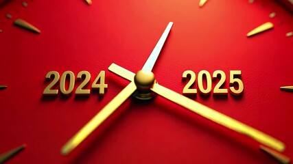 A golden clock face shows time transitioning from the year 2024 to 2025, symbolizing the upcoming New Year with a vibrant red background.