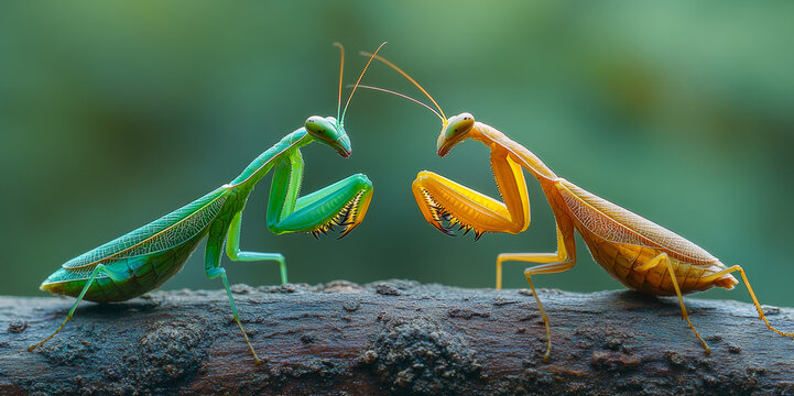 Two mantis insects are fighting on a branch. The green one is on the left and the yellow one is on the right