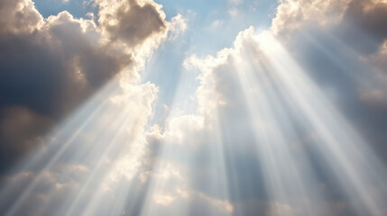 Fototapeta premium Beautiful rays in sky. God light in heaven symbolizing divine presence, truth, spiritual illumination, God love and grace. Light beams blessing world with heavenly light