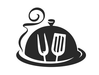 Tray with lid, fork and spatula symbol or logo. Grill food sign simple for restaurant or diner menu