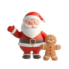 Obraz premium Santa Claus and Gingerbread Man, 3D Render Christmas Character Cartoon Illustration, Isolated on Transparent Background, PNG