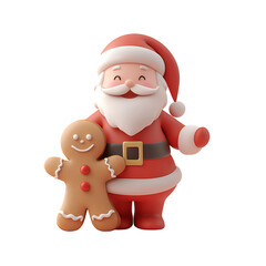 Obraz premium Christmas Character 3D Render Illustration Cartoon: Santa Claus with a Gingerbread Man, Isolated on Transparent Background, PNG