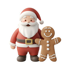 Fototapeta premium Santa Claus with a Gingerbread Man, Christmas Character 3D Render Illustration Cartoon, Isolated on Transparent Background, PNG