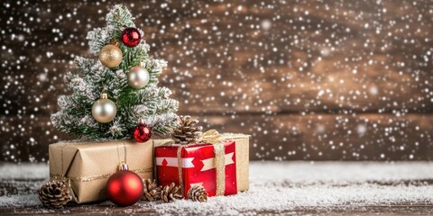 Festive christmas scene with decorated tree, gifts, and snowfall