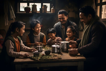 nepali family sitting in a tea house, nepali family in tea house