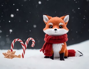 A Christmas fox wearing a red scarf enjoys a snowy landscape during winter at sunset