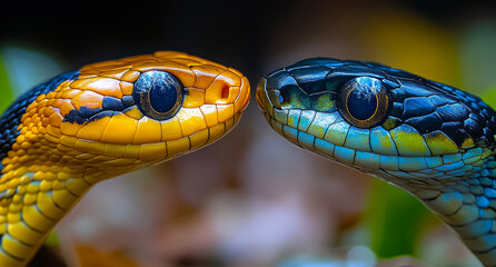 Fototapeta premium Two snakes with yellow and blue markings are facing each other. The yellow snake has a black head and the blue snake has a yellow head