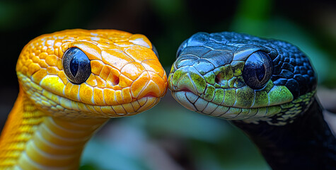 Obraz premium Two snakes with one being yellow and the other being black. The yellow snake is looking at the camera