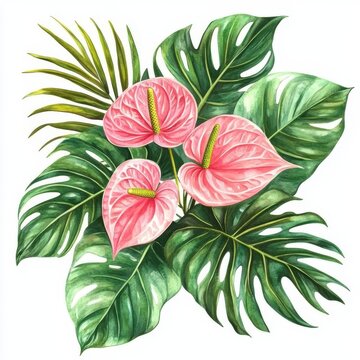 pink anthurium flowers green leaves clip art preview