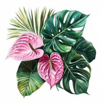 pink anthurium flowers and green leaves clip art preview