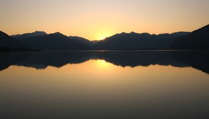 Fototapeta premium Tranquil Dusk The Golden Embrace of Mountains and Water, Sunrise over the lake