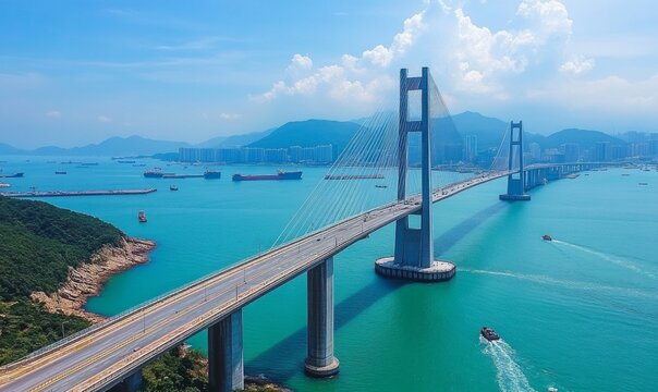 Aerial view of Stonecutters Bridge crossing the bay near the commercial port of Hong Kong