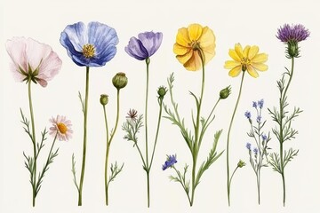 An illustration using watercolor flowers on a white background without shadows.