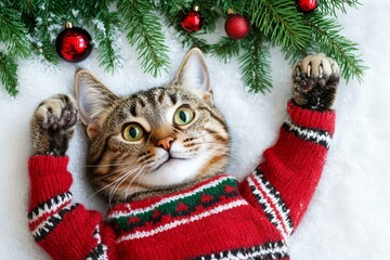 A cheerful cat in a bright holiday sweater enjoys its time on a soft, snowy surface adorned with...