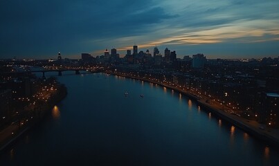 Fototapeta premium Aerial view of urban skyline with charles river and city lights