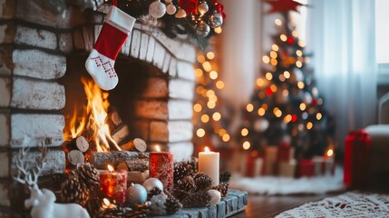 Seamless time lapse animation of a christmas themed fireplace with festive decorations