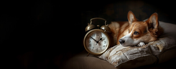 tired sleepy pembroke corgi dog on the floor looking at alarm clock time isolated dark background