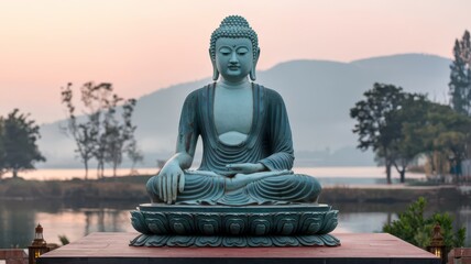 Obraz premium A medium shot of a statue of Buddha sitting cross-legged on a platform.