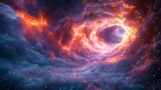 A breathtaking view of swirling cosmic colors, featuring rich gradients of blue, red, and orange, resembling a deep space phenomenon. Perfect for digital art enthusiasts.