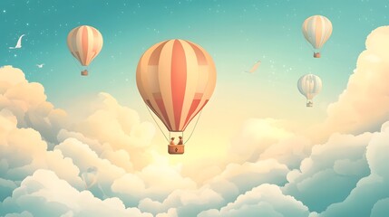 Fototapeta premium Two People Riding in a Hot Air Balloon Above the Clouds