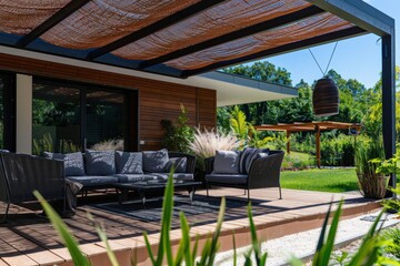 Fototapeta premium A patio with a black awning and a green roof, generative ai image