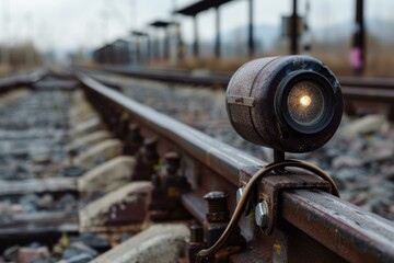 Close up of an old rusty train track signal light showing a yellow light