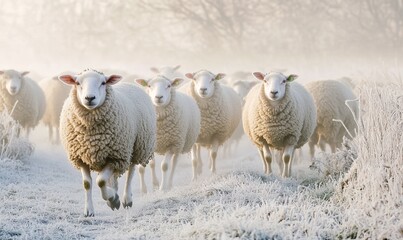 Ewes (sheep) walking on a winter morning in fog in a paddock