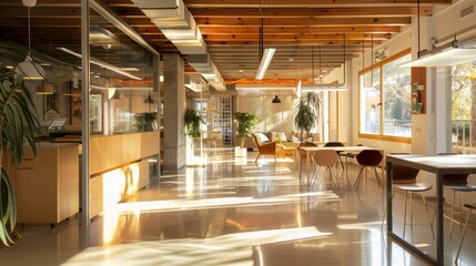 Modern office interior with wooden beams, large windows, and sunlight streaming through.