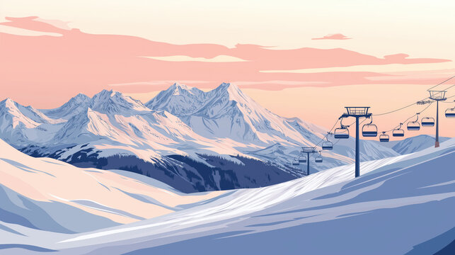 Beautiful ski resort in snowy mountains, minimalist flat illustration, vector art poster, ski poster, Ultra-high resolution