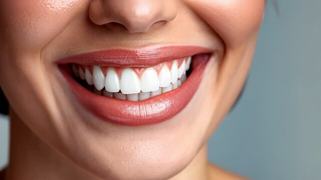 Close-up of a woman showing a radiant smile, highlighting her white, healthy teeth. Teeth whitening, perfect smile, dental care. Female toothy veneer smile. Dental treatments concept
