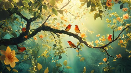 Birds perched on a blooming branch in a sunlit forest