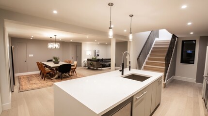 white countertop and an elegant staircase, interior design concept generative ai