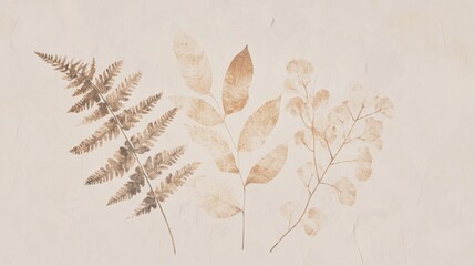 Stylized botanical illustrations featuring ferns and leaves in soft, muted colors, arranged elegantly on a textured paper background