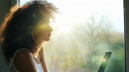 A woman with curly hair enjoys the sunshine, looking up with a smile as sun rays softly touch her face. The joyful scene reflects freedom and happiness.