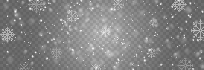 Vector flying snow. Snowfall on isolated transparent background. Christmas or winter background. Snow or snowflakes png.