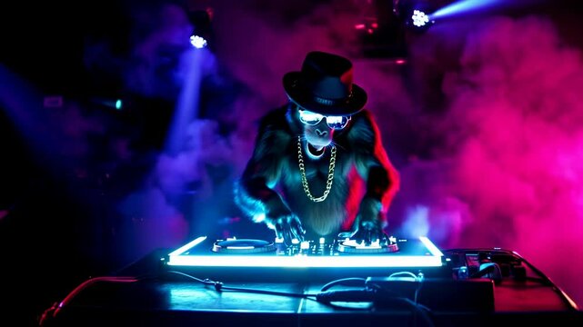 A monkey dressed in a hat and sunglasses spins records on a turntable in a smoky club.