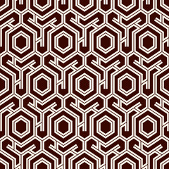 Honeycomb seamless pattern. Hexagon mosaic tiles ornament. Ethnic surface print. Repeated geometric figures background. Ornamental wallpaper. Modern geo design digital paper.