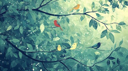 Colorful Birds Perched on Branches Amidst Lush Green Foliage